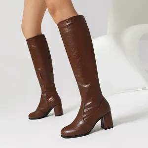 Women's Round Toe Block Heel Knee High Boots