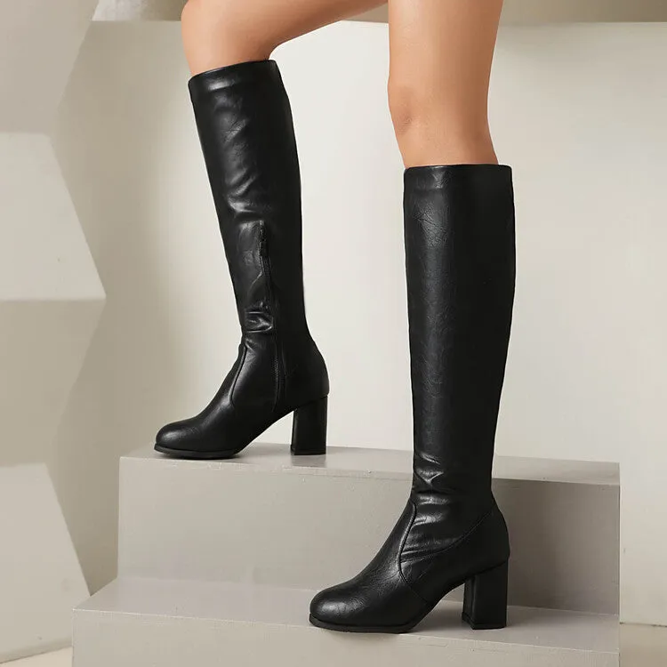 Women's Round Toe Block Heel Knee High Boots