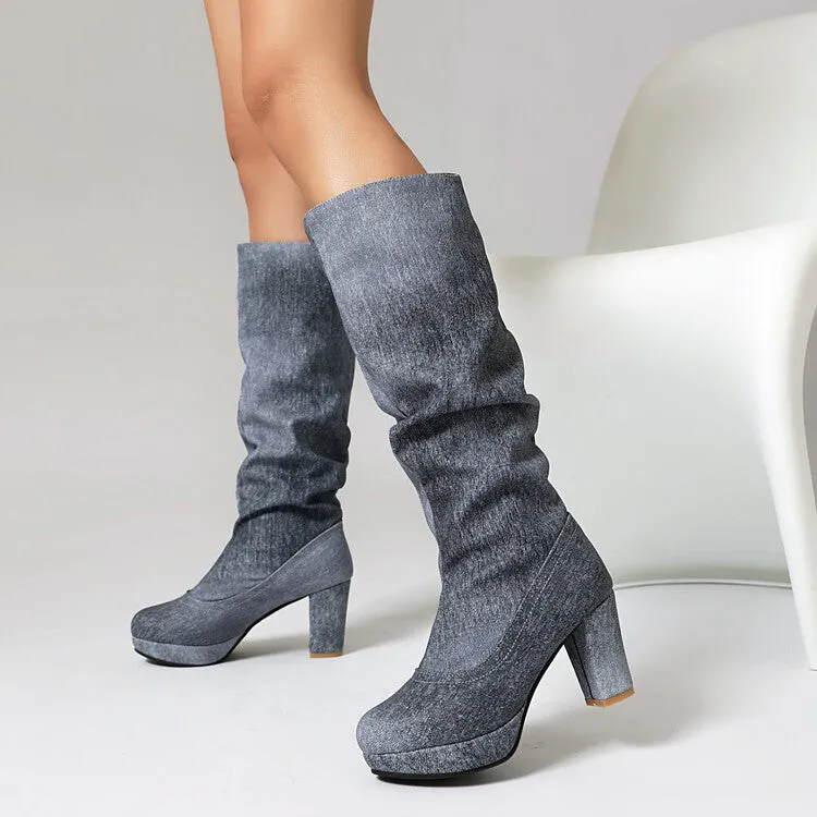 Women's Round Toe Platform Chunky Heel Denim Knee-high Boots