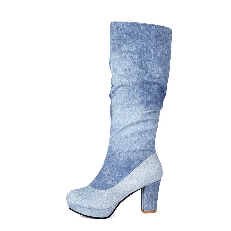 Women's Round Toe Platform Chunky Heel Denim Knee-high Boots