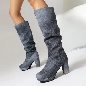 Women's Round Toe Platform Chunky Heel Denim Knee-high Boots