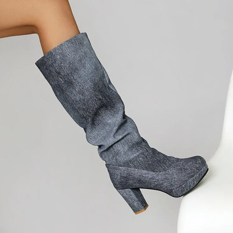 Women's Round Toe Platform Chunky Heel Denim Knee-high Boots