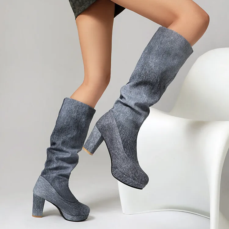 Women's Round Toe Platform Chunky Heel Denim Knee-high Boots