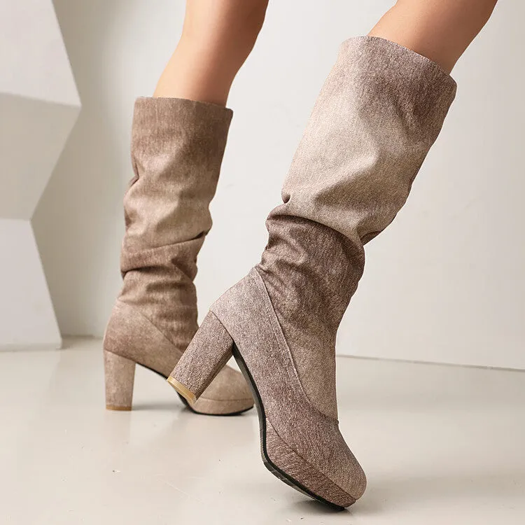 Women's Round Toe Platform Chunky Heel Denim Knee-high Boots