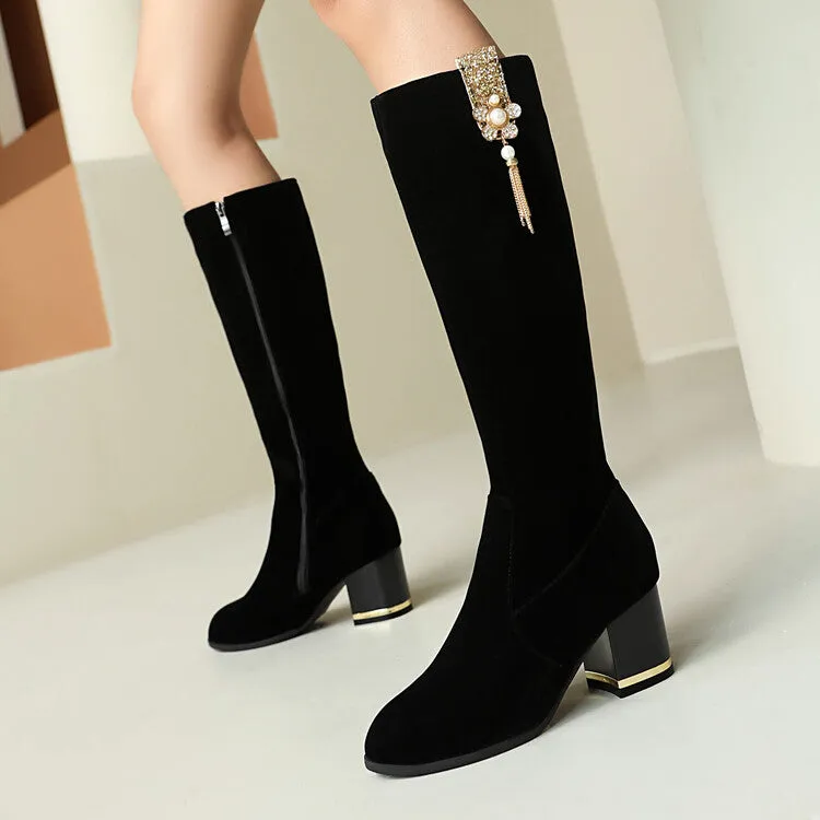 Women's Sequin Rhinestone Pearl Block Heel Knee High Boots