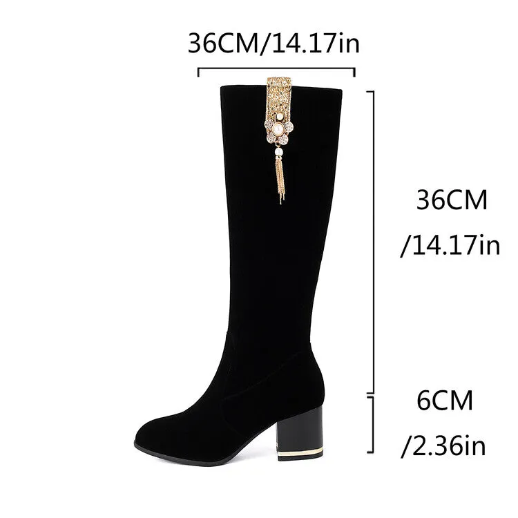 Women's Sequin Rhinestone Pearl Block Heel Knee High Boots