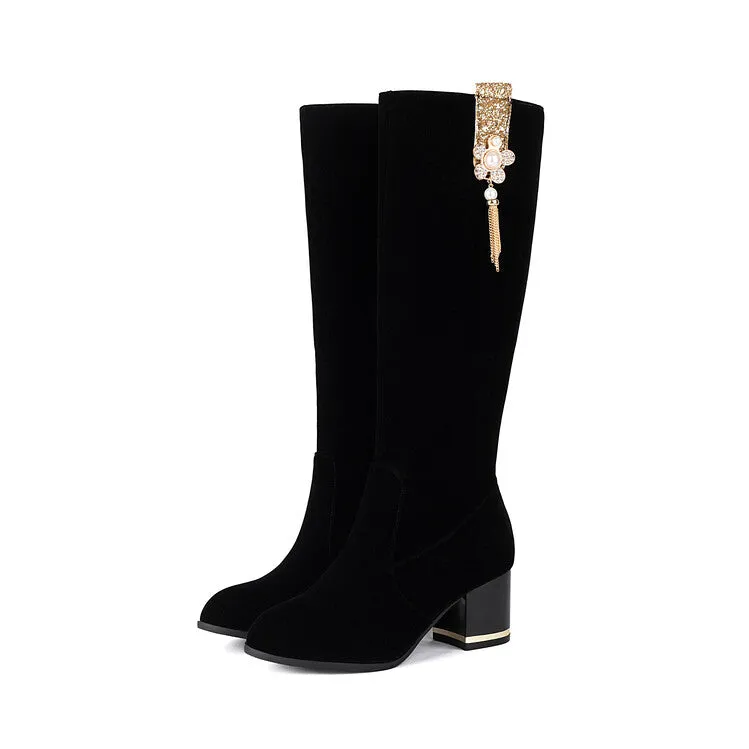 Women's Sequin Rhinestone Pearl Block Heel Knee High Boots