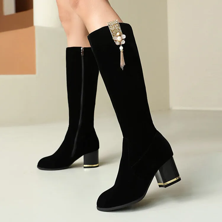 Women's Sequin Rhinestone Pearl Block Heel Knee High Boots