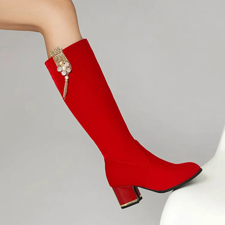 Women's Sequin Rhinestone Pearl Block Heel Knee High Boots