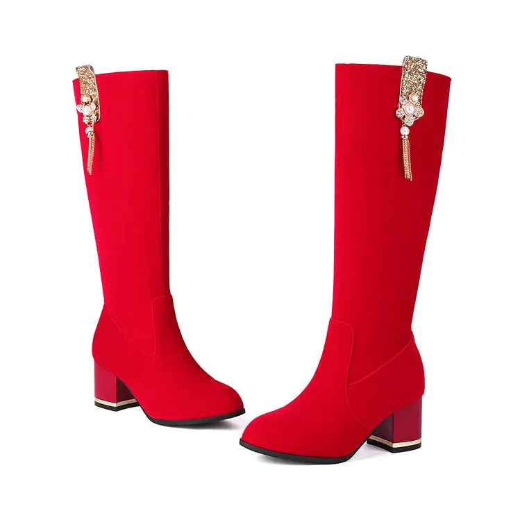Women's Sequin Rhinestone Pearl Block Heel Knee High Boots