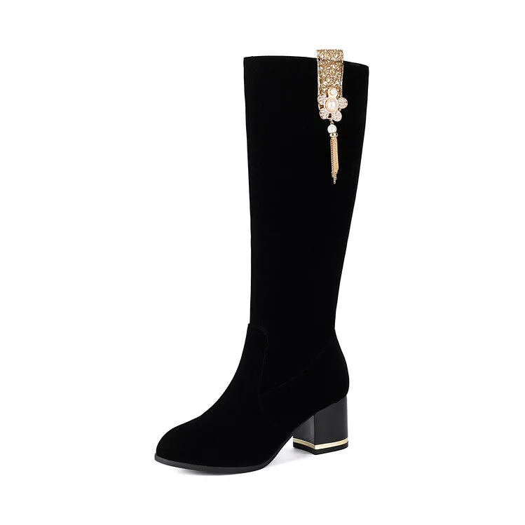 Women's Sequin Rhinestone Pearl Block Heel Knee High Boots