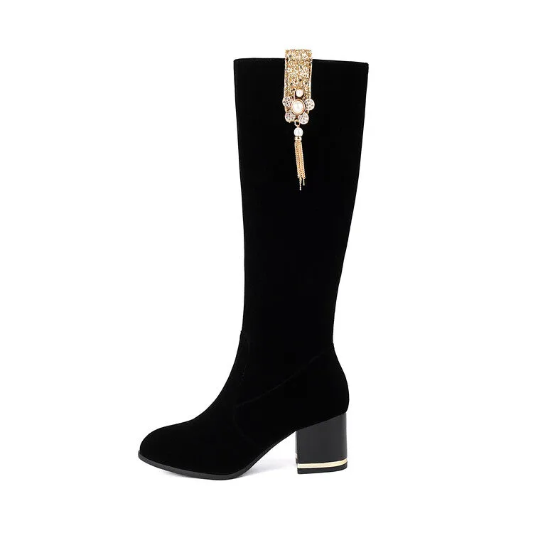 Women's Sequin Rhinestone Pearl Block Heel Knee High Boots