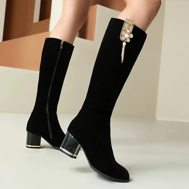 Women's Sequin Rhinestone Pearl Block Heel Knee High Boots