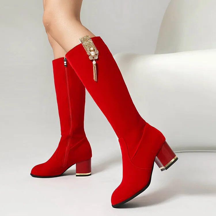 Women's Sequin Rhinestone Pearl Block Heel Knee High Boots