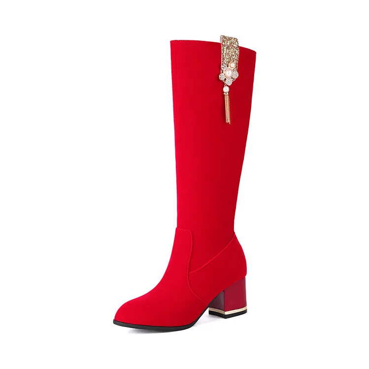 Women's Sequin Rhinestone Pearl Block Heel Knee High Boots
