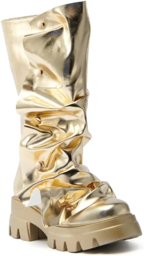 Women's Shin Metallic Fashion Buttons Long Boots Ladies Unique Wrinkled Chunky Sole Trendy High Boots
