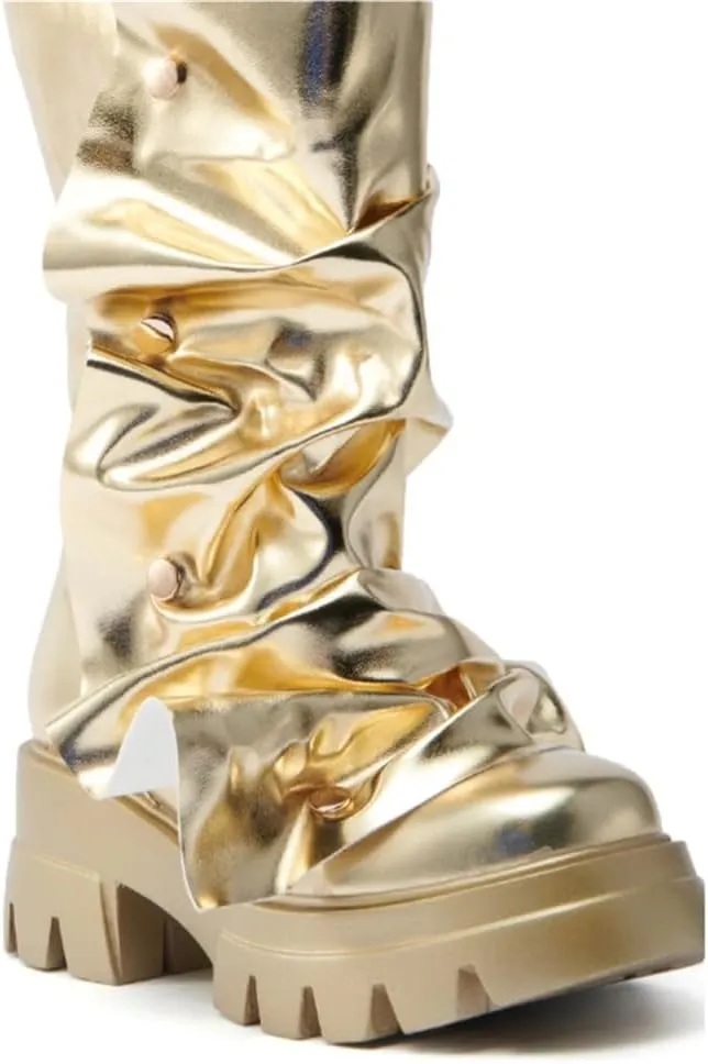 Women's Shin Metallic Fashion Buttons Long Boots Ladies Unique Wrinkled Chunky Sole Trendy High Boots