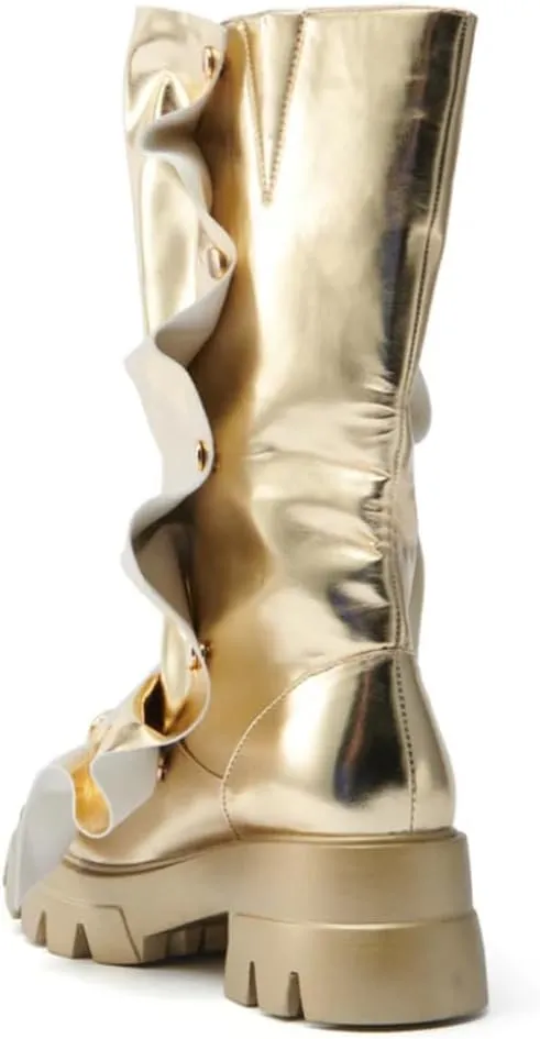Women's Shin Metallic Fashion Buttons Long Boots Ladies Unique Wrinkled Chunky Sole Trendy High Boots