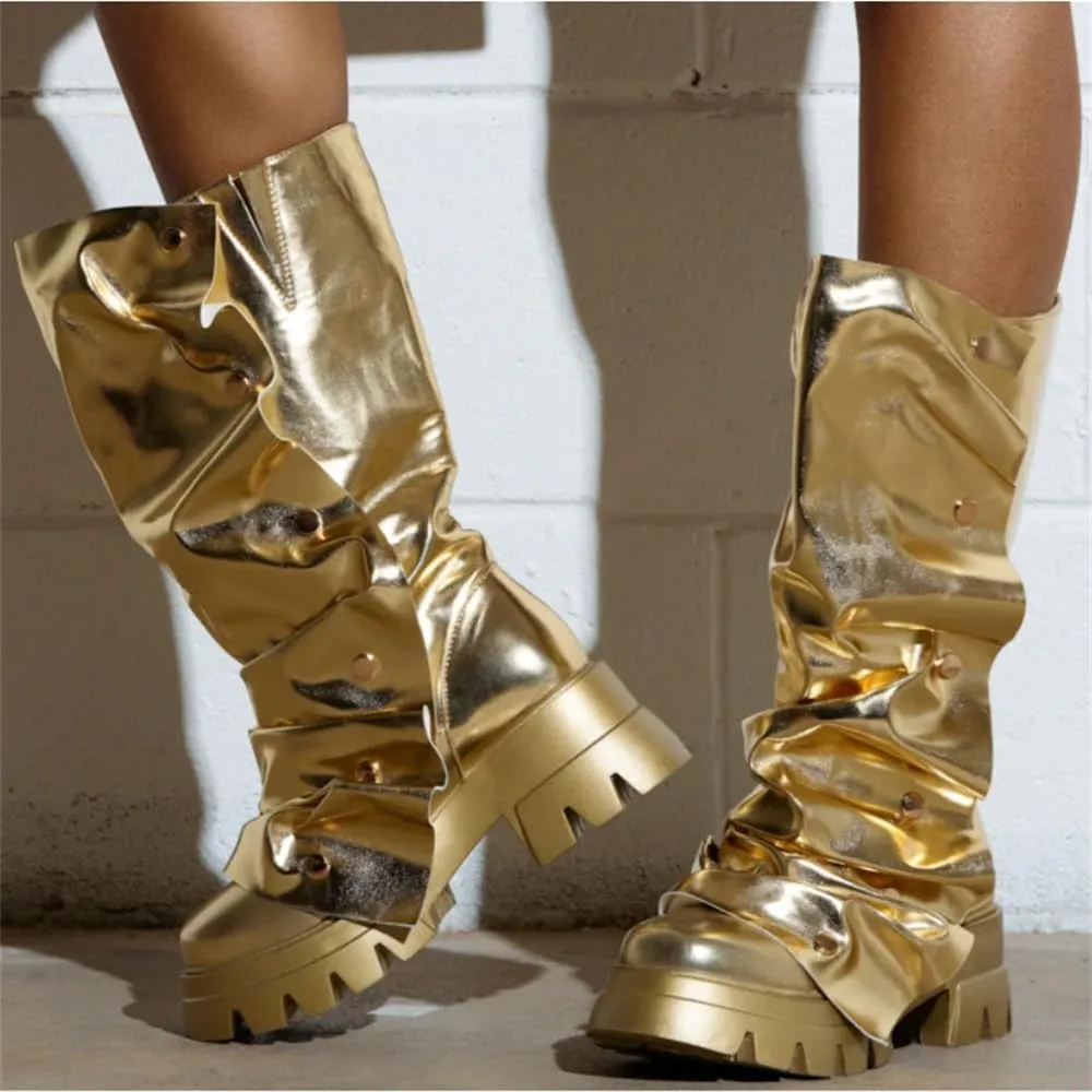 Women's Shin Metallic Fashion Buttons Long Boots Ladies Unique Wrinkled Chunky Sole Trendy High Boots