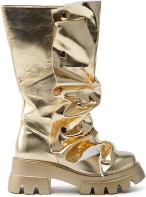 Women's Shin Metallic Fashion Buttons Long Boots Ladies Unique Wrinkled Chunky Sole Trendy High Boots