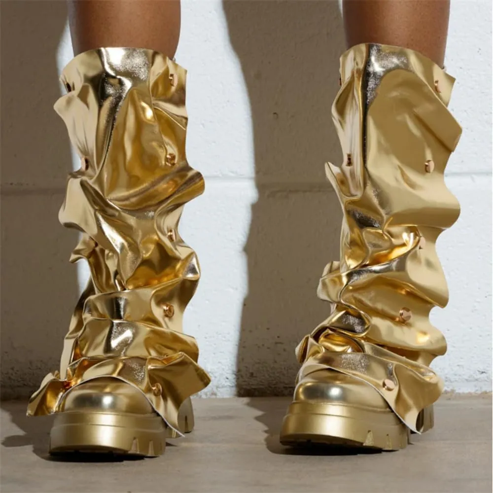 Women's Shin Metallic Fashion Buttons Long Boots Ladies Unique Wrinkled Chunky Sole Trendy High Boots