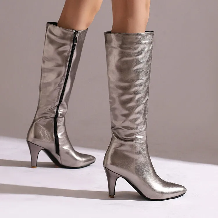 Women's Shiny Pointed Toe Cone High Heel Knee High Boots