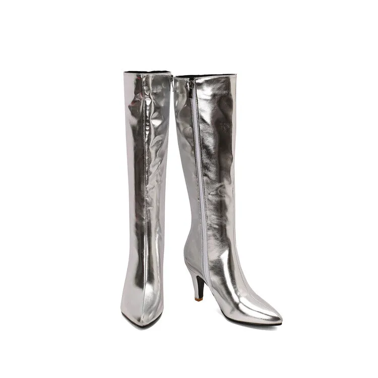 Women's Shiny Pointed Toe Cone High Heel Knee High Boots