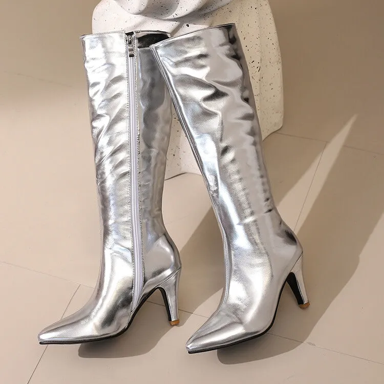 Women's Shiny Pointed Toe Cone High Heel Knee High Boots