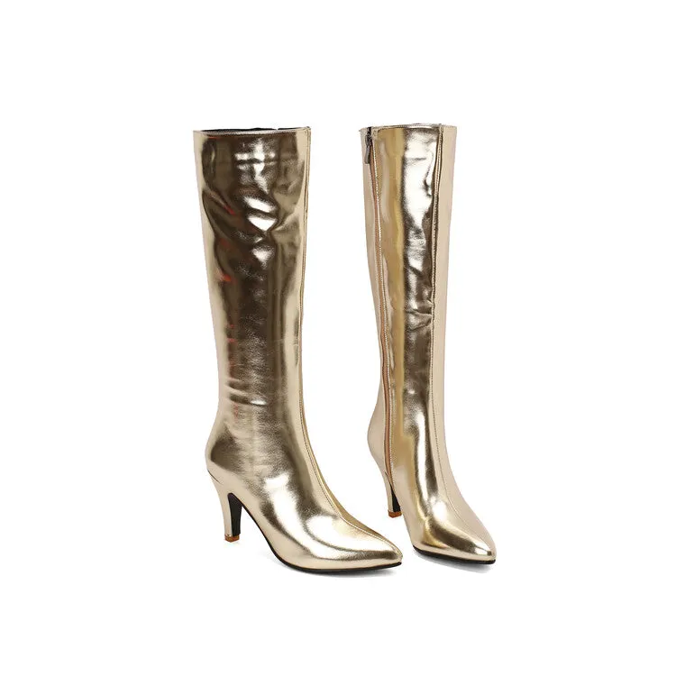 Women's Shiny Pointed Toe Cone High Heel Knee High Boots
