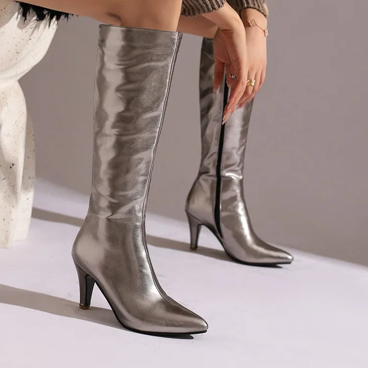 Women's Shiny Pointed Toe Cone High Heel Knee High Boots