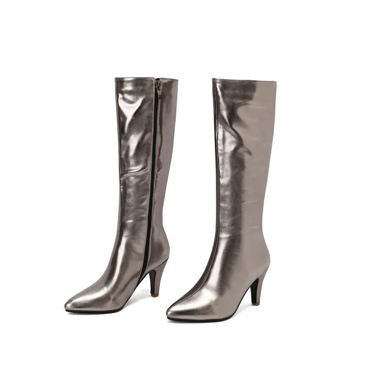 Women's Shiny Pointed Toe Cone High Heel Knee High Boots