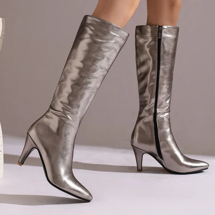 Women's Shiny Pointed Toe Cone High Heel Knee High Boots