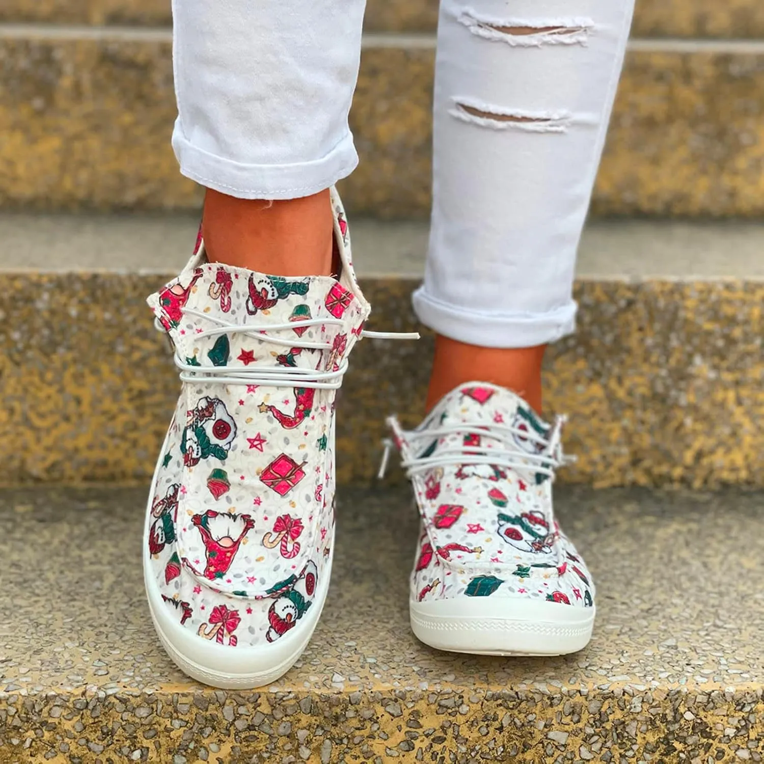 Womens Shoes Fashion Breathable Cloth Shoes Christmas Print Lace Up Flat Casual Shoes Casual Lace Shoes Casual Sneakers