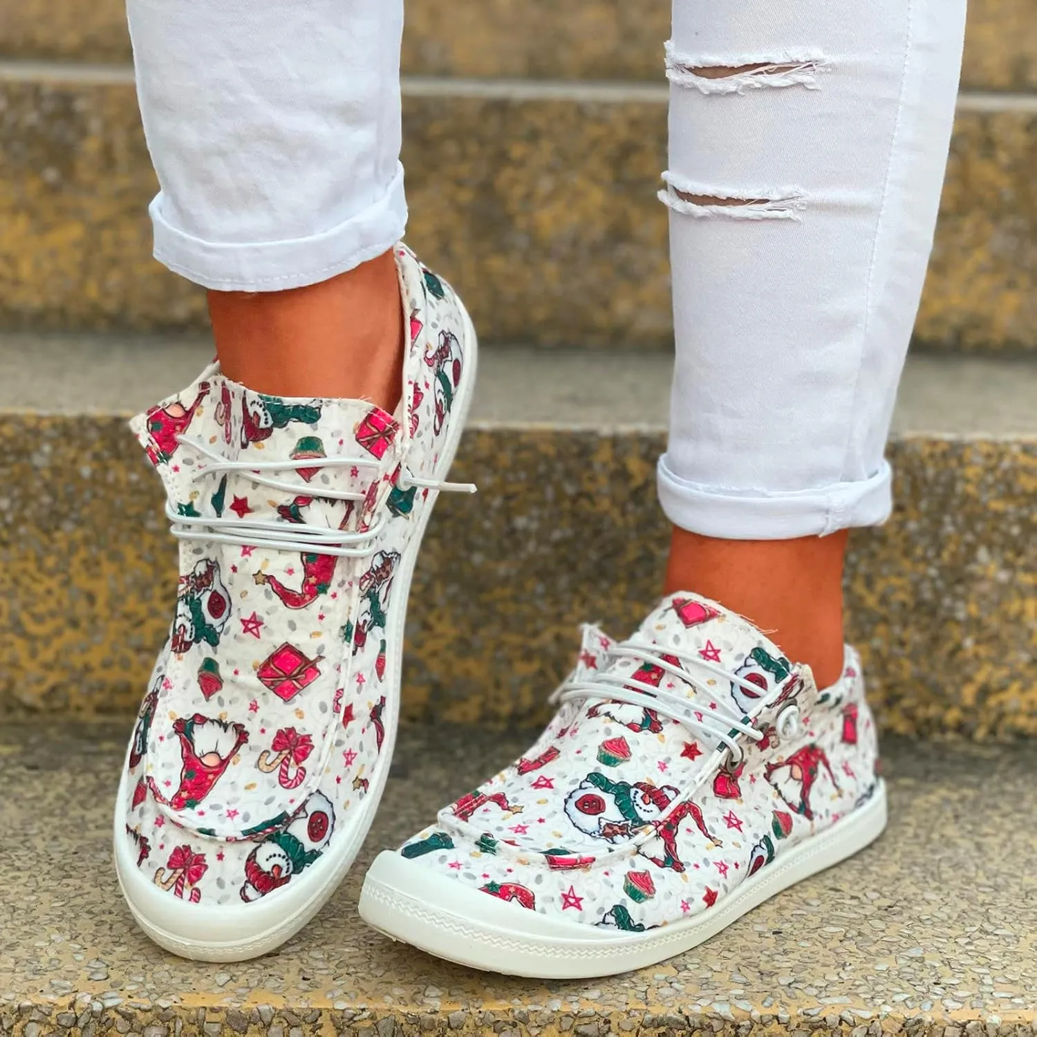 Womens Shoes Fashion Breathable Cloth Shoes Christmas Print Lace Up Flat Casual Shoes Casual Lace Shoes Casual Sneakers