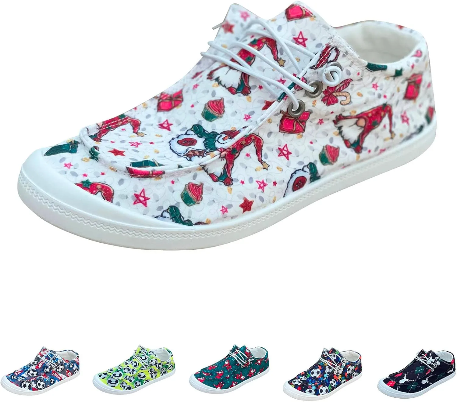 Womens Shoes Fashion Breathable Cloth Shoes Christmas Print Lace Up Flat Casual Shoes Casual Lace Shoes Casual Sneakers