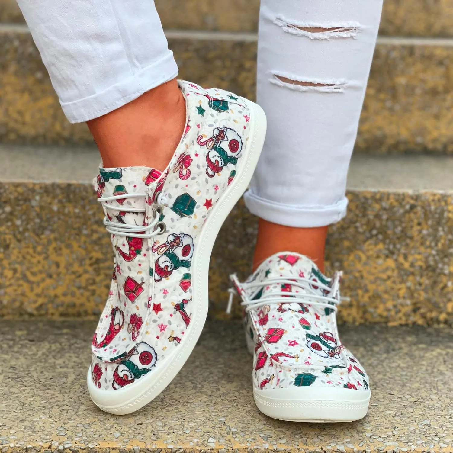 Womens Shoes Fashion Breathable Cloth Shoes Christmas Print Lace Up Flat Casual Shoes Casual Lace Shoes Casual Sneakers