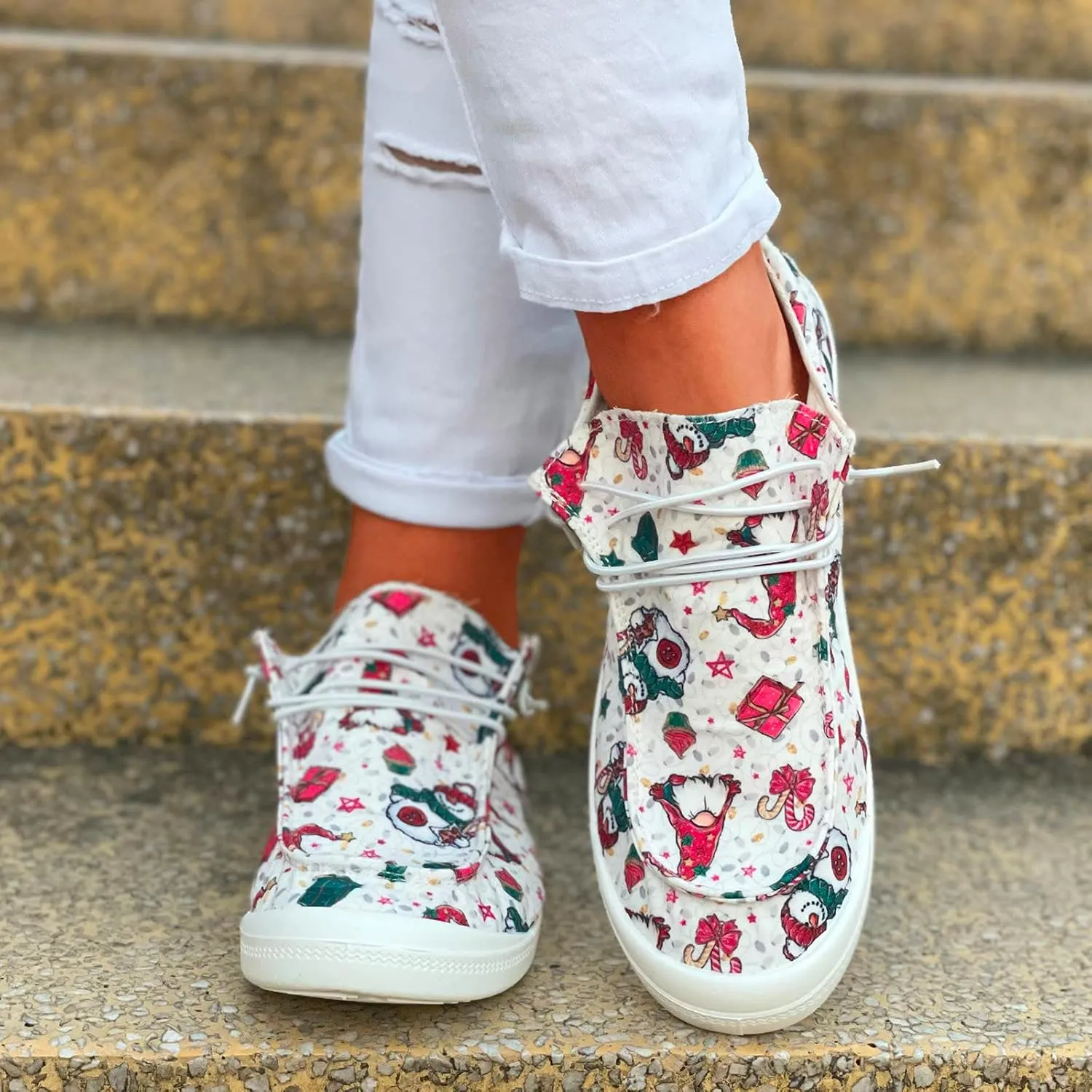Womens Shoes Fashion Breathable Cloth Shoes Christmas Print Lace Up Flat Casual Shoes Casual Lace Shoes Casual Sneakers