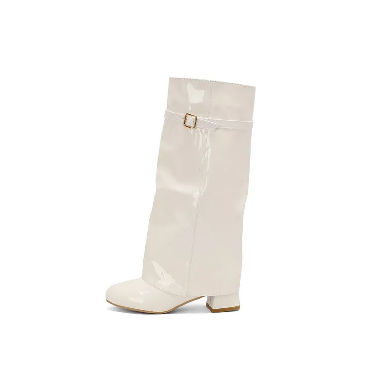 Women's Square Toe Patent Leather Block Heel Knee-high Boots