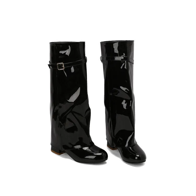Women's Square Toe Patent Leather Block Heel Knee-high Boots