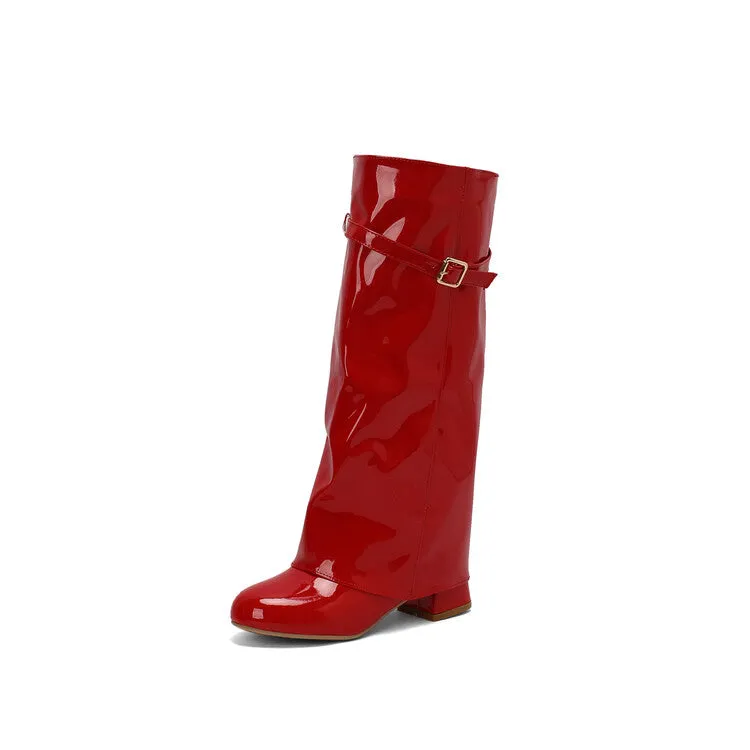 Women's Square Toe Patent Leather Block Heel Knee-high Boots