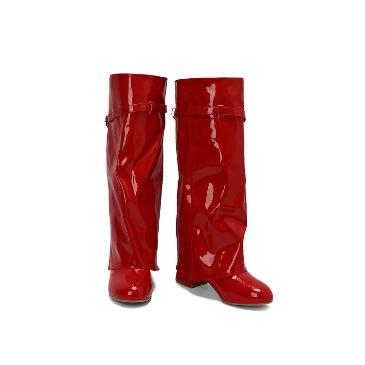 Women's Square Toe Patent Leather Block Heel Knee-high Boots