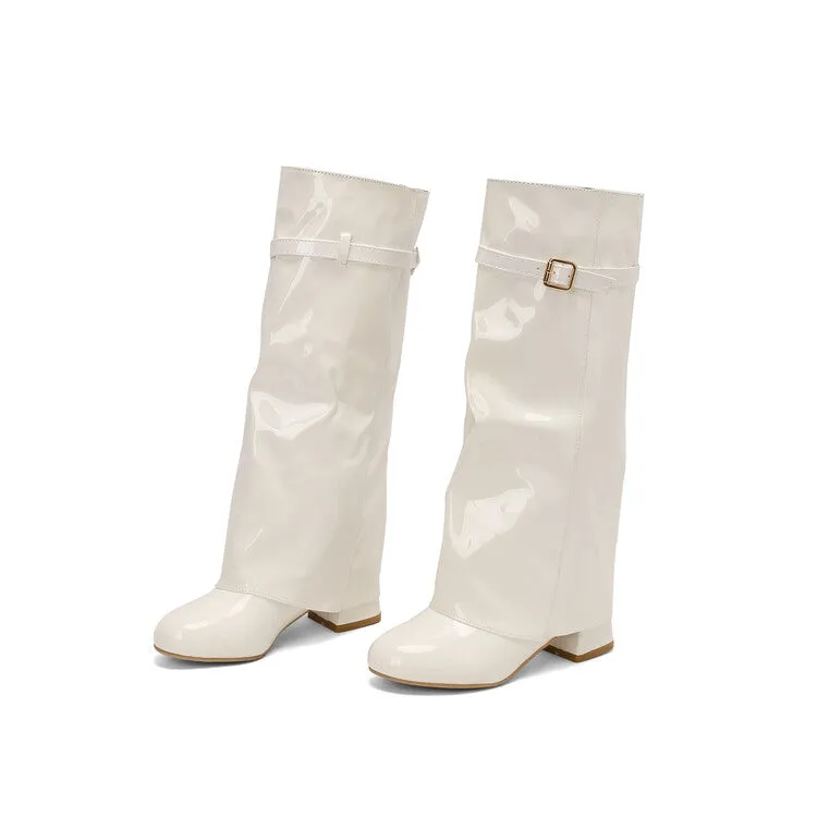 Women's Square Toe Patent Leather Block Heel Knee-high Boots