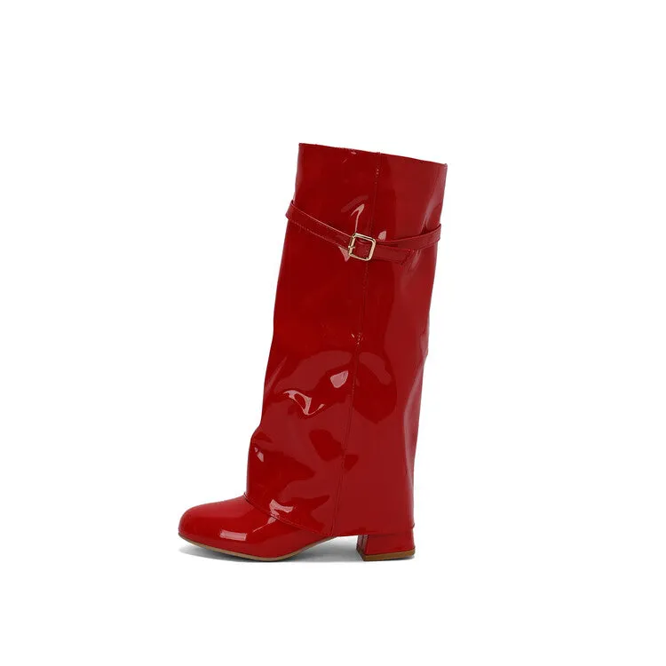 Women's Square Toe Patent Leather Block Heel Knee-high Boots