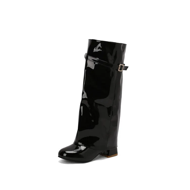 Women's Square Toe Patent Leather Block Heel Knee-high Boots