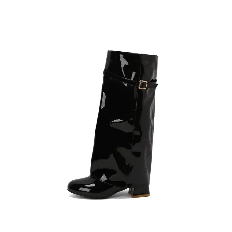 Women's Square Toe Patent Leather Block Heel Knee-high Boots