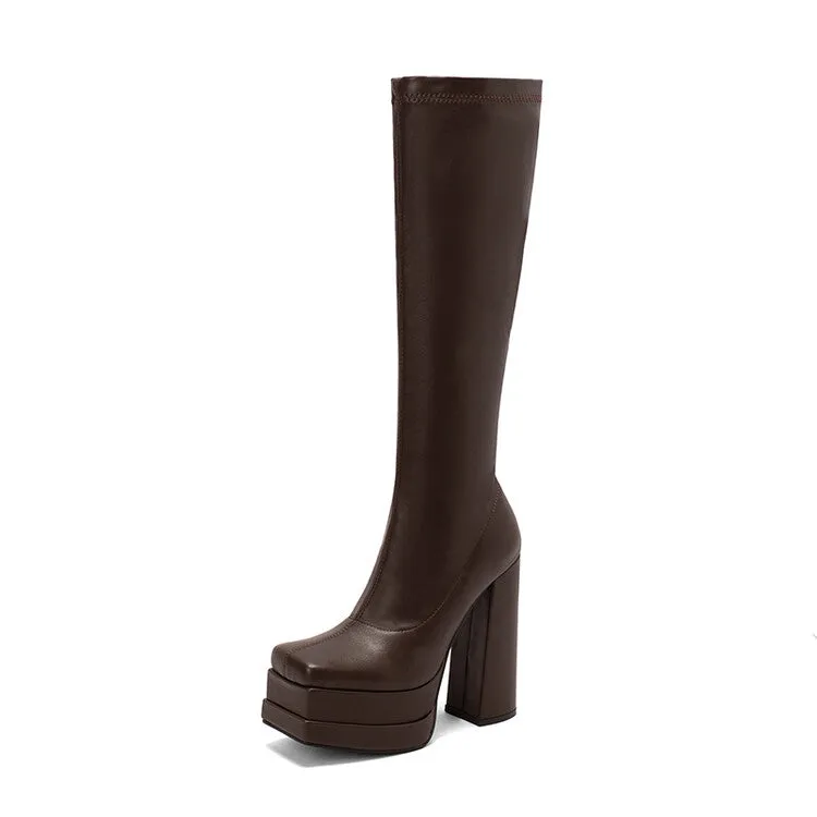 Women's Square Toe Stitching Side Zippers Platform Block Heel Knee High Boots
