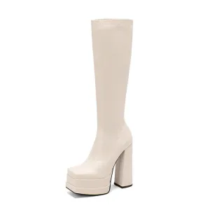 Women's Square Toe Stitching Side Zippers Platform Block Heel Knee High Boots