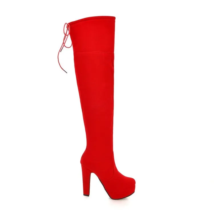 Women's Suede Round Toe Back Tied Side Zipper Platform Chunky Heel Over the Knee Boots