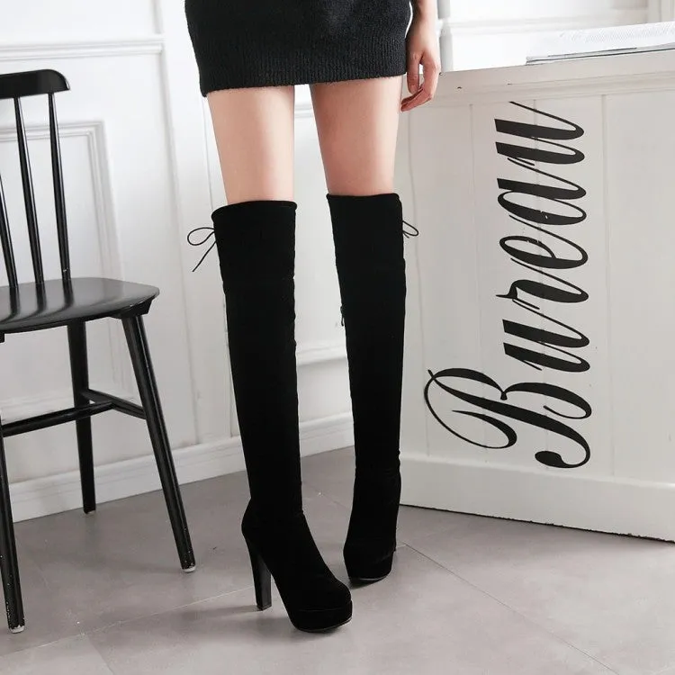 Women's Suede Round Toe Back Tied Side Zipper Platform Chunky Heel Over the Knee Boots