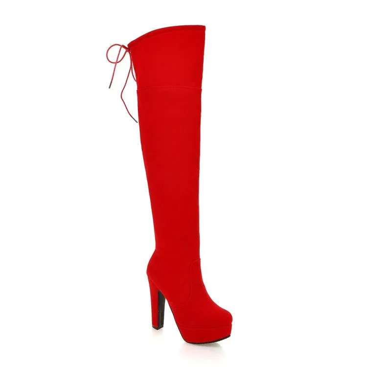 Women's Suede Round Toe Back Tied Side Zipper Platform Chunky Heel Over the Knee Boots